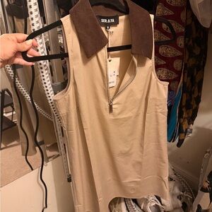 SER.O.YA Beige Sleeveless Polo Tank with Brown Corduroy Collar